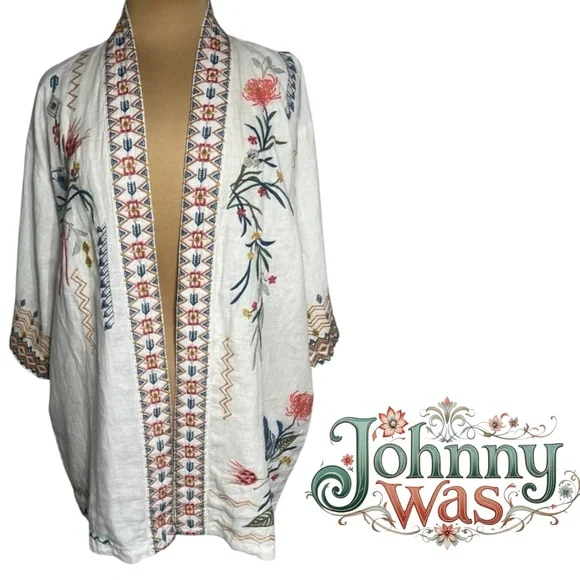 JOHNNY WAS Large multicolor embroidered kimono jacket WATIPASO LINEN KIMONO - Picture 2 of 14